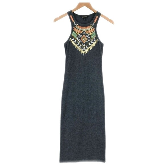 Express Charcoal Gray Bodycon Midi Dress, Southwestern Beading, M - Picture 1 of 9
